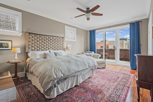 718 W Aldine Ave Unit 3, Chicago, IL 60657 - bedroom with access to outside, wood finished floors, crown molding, ceiling fan, and baseboards