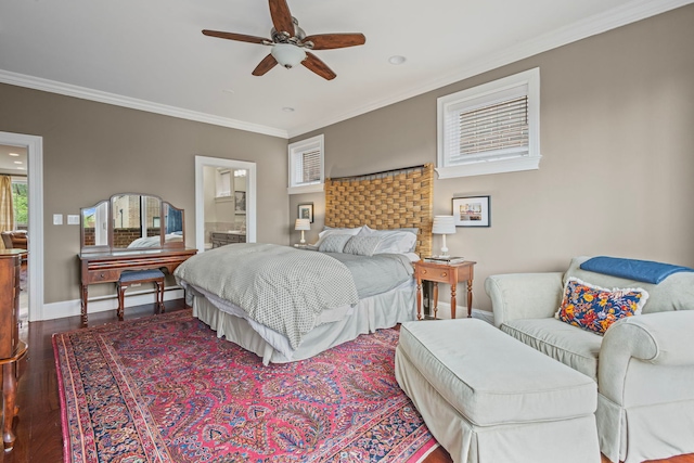 718 W Aldine Ave Unit 3, Chicago, IL 60657 - bedroom featuring wood finished floors, crown molding, baseboards, ensuite bathroom, and a ceiling fan