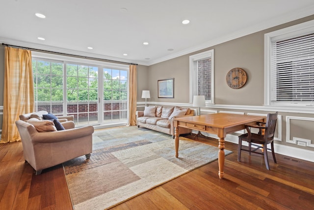 718 W Aldine Ave Unit 3, Chicago, IL 60657 - living area with ornamental molding, wood finished floors, a wainscoted wall, and recessed lighting