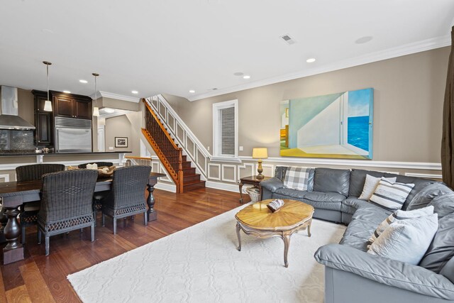 718 W Aldine Ave Unit 3, Chicago, IL 60657 - living area with wood finished floors, stairway, ornamental molding, a wainscoted wall, and recessed lighting