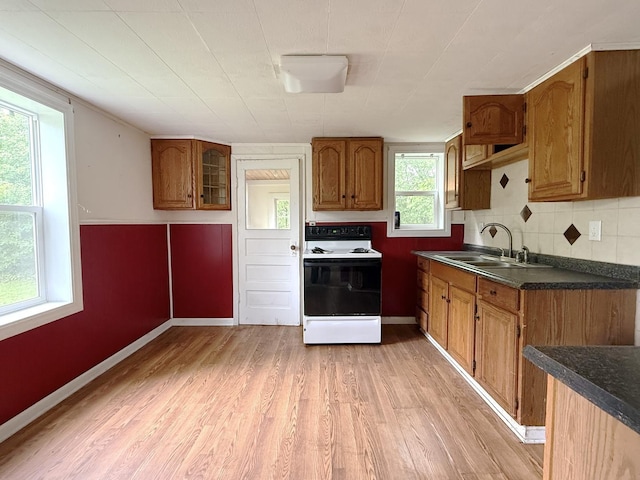 12445 W Pacific Ave, Waukegan, IL 60085 - kitchen with electric stove, light wood-type flooring, brown cabinetry, and dark countertops
