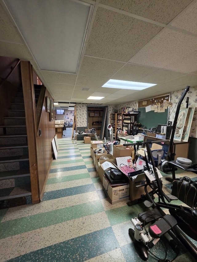 6124 W Berteau Ave, Chicago, IL 60634 - finished basement featuring tile patterned floors, a drop ceiling, and stairs