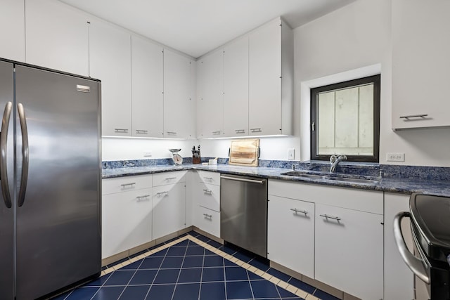 1100 N Lake Shore Dr Unit 33A, Chicago, IL 60611 - kitchen featuring stainless steel appliances, dark tile patterned flooring, a sink, and white cabinets