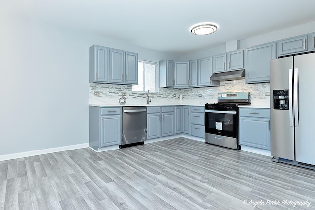 1802 11, Waukegan, IL 60085 - kitchen with stainless steel appliances, under cabinet range hood, gray cabinetry, backsplash, and light countertops