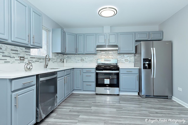 1802 11, Waukegan, IL 60085 - kitchen with appliances with stainless steel finishes, under cabinet range hood, gray cabinets, a sink, and tasteful backsplash