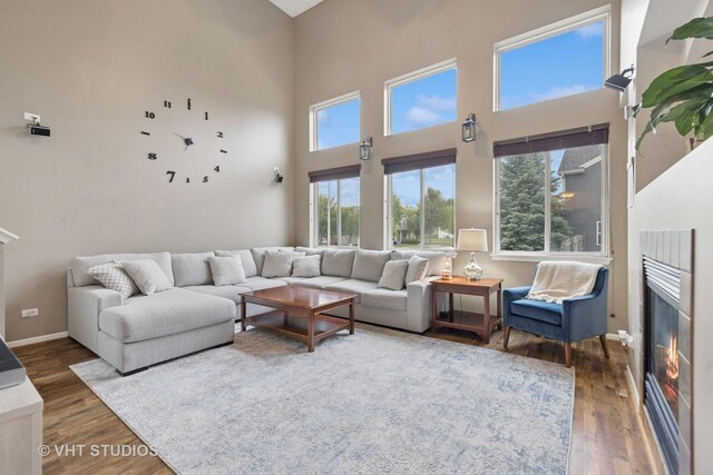 25338 Scott Dr, Plainfield, IL 60544 - living area with a towering ceiling, wood finished floors, and baseboards