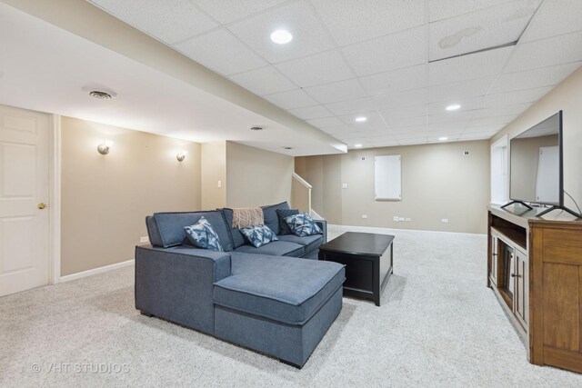 25338 Scott Dr, Plainfield, IL 60544 - carpeted living area featuring stairway, recessed lighting, baseboards, and a paneled ceiling