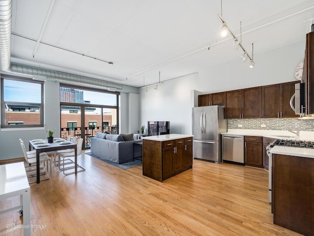 1301 W Madison St Unit 402, Chicago, IL 60607 - kitchen with stainless steel appliances, light wood-style flooring, dark brown cabinetry, and a kitchen island