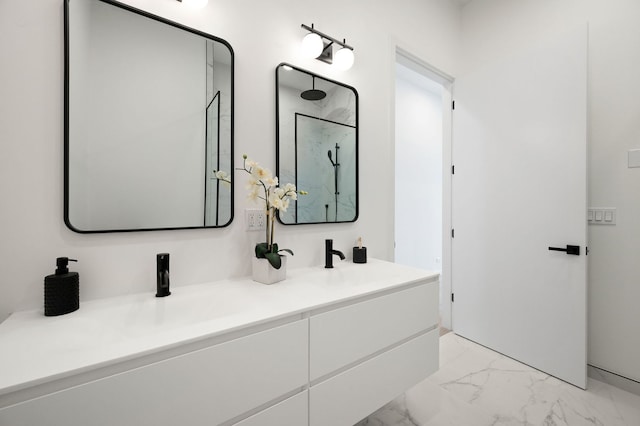 2354 W Farragut Ave Unit Ph-404, Chicago, IL 60625 - full bathroom with double vanity, marble finish flooring, and a marble finish shower