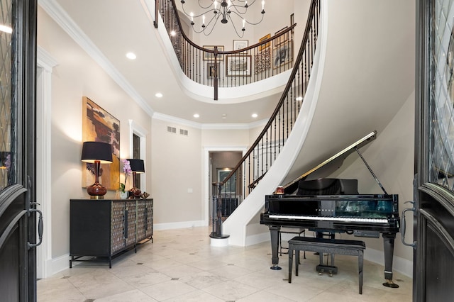 494 Greenleaf Ave, Glencoe, IL 60022 - tiled foyer entrance featuring a high ceiling, baseboards, a chandelier, stairway, and recessed lighting
