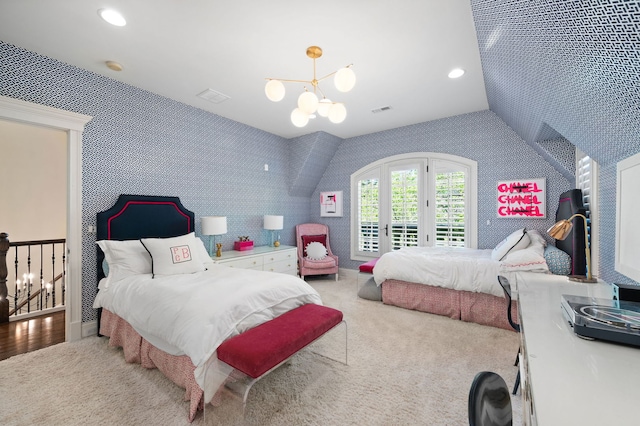 494 Greenleaf Ave, Glencoe, IL 60022 - bedroom with a chandelier, access to exterior, carpet, recessed lighting, and lofted ceiling