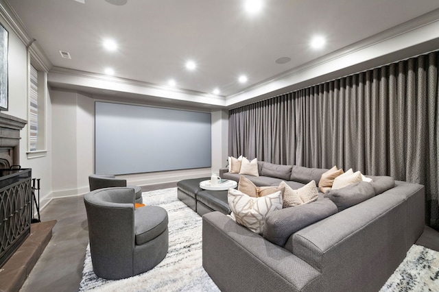 494 Greenleaf Ave, Glencoe, IL 60022 - home theater featuring ornamental molding, concrete floors, recessed lighting, and baseboards