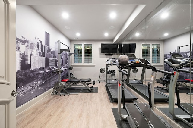 494 Greenleaf Ave, Glencoe, IL 60022 - workout room featuring baseboards, wood finished floors, and recessed lighting