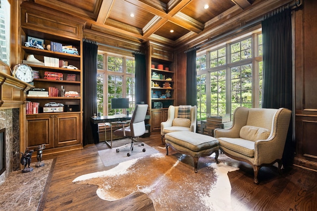 494 Greenleaf Ave, Glencoe, IL 60022 - living area with wooden ceiling with exposed beams, built in features, a desk, wood walls, and a premium fireplace