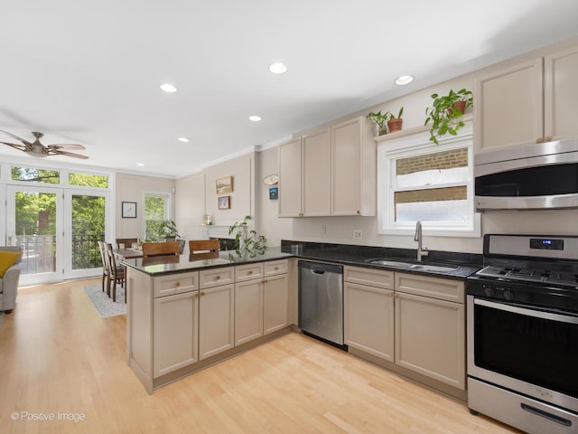 840 N Wood St Unit 2, Chicago, IL 60622 - kitchen with appliances with stainless steel finishes, a sink, a peninsula, ceiling fan, and light wood-style flooring