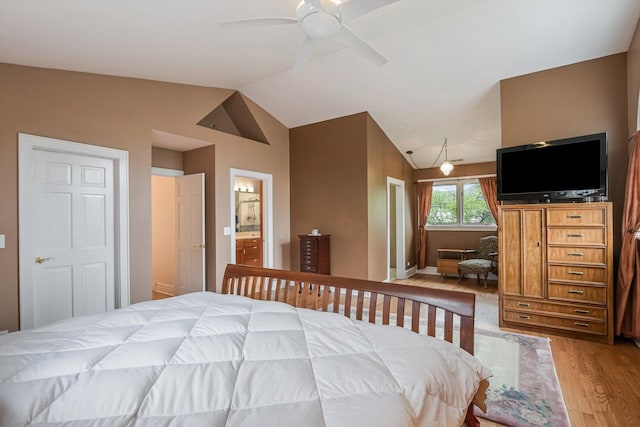 230 N Wisner St, Park Ridge, IL 60068 - bedroom featuring light wood-style flooring, lofted ceiling, ensuite bathroom, and ceiling fan
