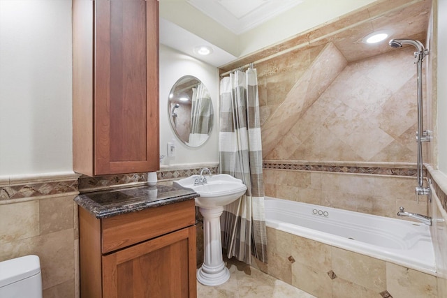 230 N Wisner St, Park Ridge, IL 60068 - bathroom featuring tiled shower / bath combo, tile walls, toilet, and ornamental molding