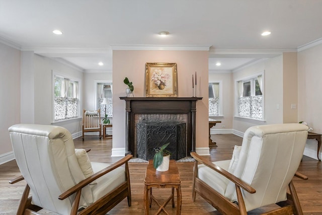 230 N Wisner St, Park Ridge, IL 60068 - living area with plenty of natural light, wood finished floors, crown molding, baseboards, and recessed lighting