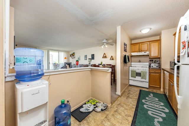 2222 S Stewart Ave Unit 4K, Lombard, IL 60148 - kitchen featuring white range with gas cooktop, under cabinet range hood, ceiling fan, dishwashing machine, and open floor plan