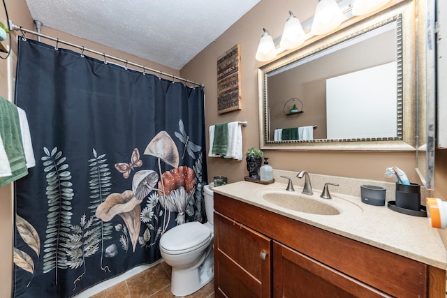 2222 S Stewart Ave Unit 4K, Lombard, IL 60148 - bathroom featuring vanity, toilet, a textured ceiling, tile patterned floors, and a shower with shower curtain