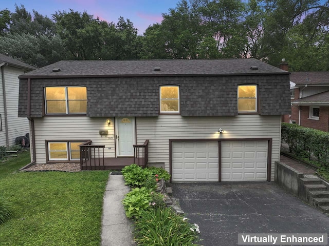 169 S Ellyn Ave, Glen Ellyn, IL 60137 - dutch colonial featuring a shingled roof, asphalt driveway, an attached garage, a front lawn, and mansard roof