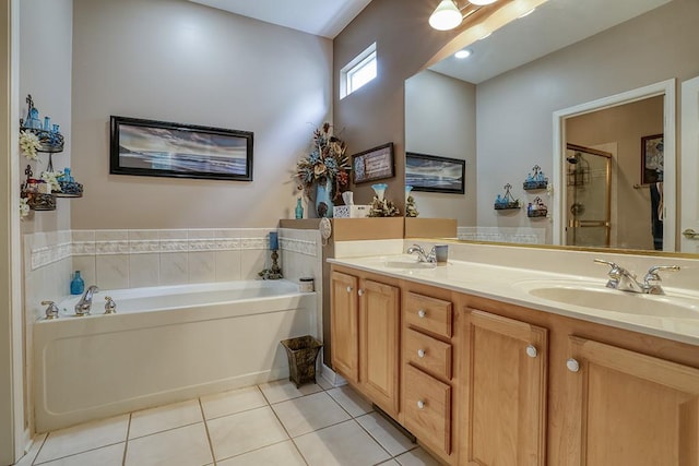 608 Bridgeman Ln, Romeoville, IL 60446 - full bathroom with tile patterned flooring, a garden tub, double vanity, and a stall shower