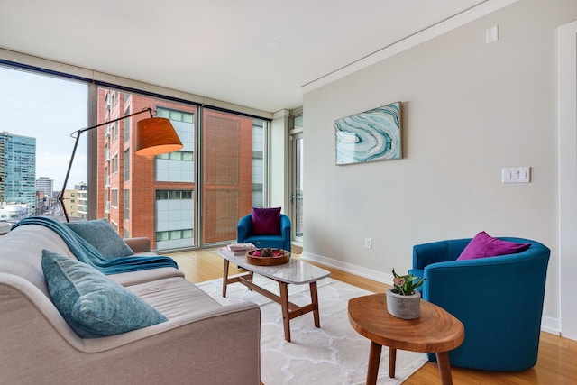 1570 Elmwood Ave Unit 910, Evanston, IL 60201 - living room with expansive windows, baseboards, wood finished floors, and a view of city