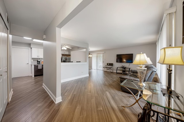 17828 Massachusetts Ct, Orland Park, IL 60467 - living area with wood finished floors, a ceiling fan, and baseboards