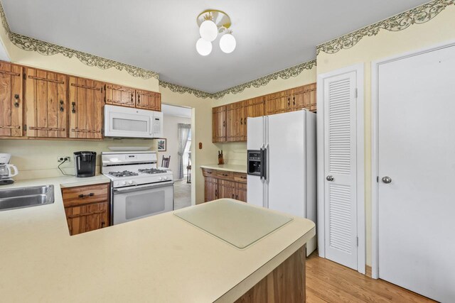 137 N Clark Dr, Palatine, IL 60074 - kitchen featuring white appliances, light countertops, a peninsula, and light wood finished floors