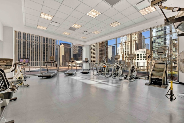 240 E Illinois St Unit 805, Chicago, IL 60611 - gym featuring a view of city, a paneled ceiling, and floor to ceiling windows