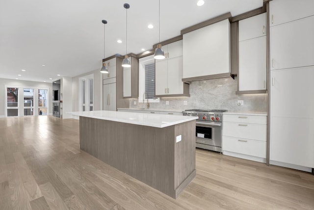 2353 W Ohio St, Chicago, IL 60612 - kitchen with high end appliances, custom exhaust hood, decorative backsplash, white cabinets, and light wood-style flooring
