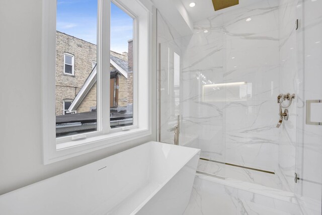 2353 W Ohio St, Chicago, IL 60612 - full bathroom with a marble finish shower, a freestanding tub, marble tiled flooring, and recessed lighting