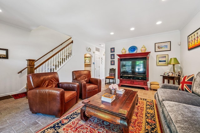 1448 N Mohawk St, Chicago, IL 60610 - living area featuring ornamental molding, stairway, recessed lighting, and baseboards