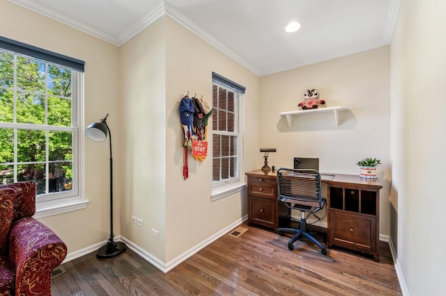 1448 N Mohawk St, Chicago, IL 60610 - home office featuring dark wood-type flooring, baseboards, ornamental molding, and recessed lighting