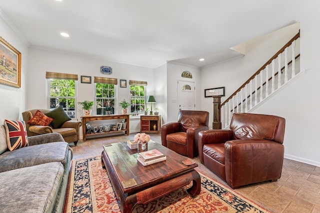 1448 N Mohawk St, Chicago, IL 60610 - living area with crown molding, recessed lighting, stairs, and baseboards