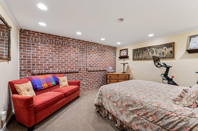 1448 N Mohawk St, Chicago, IL 60610 - bedroom with carpet flooring, recessed lighting, brick wall, and ornamental molding