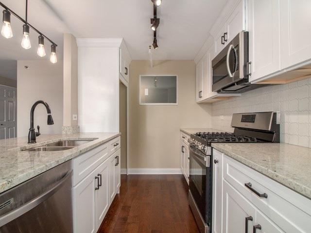 50 E 26th St Unit 406, Chicago, IL 60616 - kitchen with appliances with stainless steel finishes, a sink, decorative backsplash, track lighting, and light stone countertops