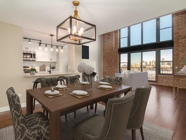 50 E 26th St Unit 406, Chicago, IL 60616 - dining room with track lighting, a chandelier, dark wood-style flooring, and baseboards