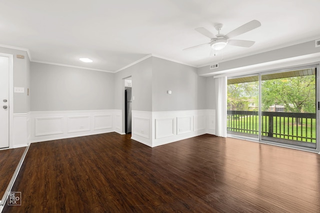 6724 181st St Unit 1513, Tinley Park, IL 60477 - empty room with ceiling fan, dark wood-style flooring, crown molding, and wainscoting