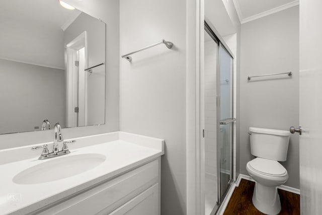6724 181st St Unit 1513, Tinley Park, IL 60477 - full bath with crown molding, toilet, vanity, a stall shower, and wood finished floors