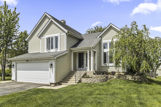 1475 Beaumont Cir, Bartlett, IL 60103 - view of front of property with driveway, a garage, a front lawn, a chimney, and a shingled roof