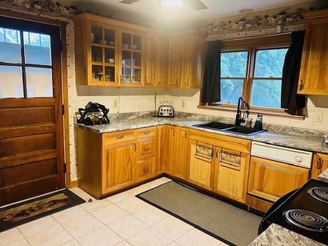 1607 183rd St, Homewood, IL 60430 - kitchen featuring ceiling fan, black electric range oven, glass insert cabinets, light tile patterned flooring, and brown cabinets
