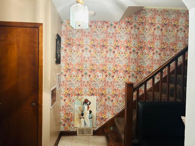 1607 183rd St, Homewood, IL 60430 - staircase featuring tile patterned floors and wallpapered walls