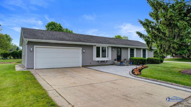 1510 Hillside Ln, Mchenry, IL 60051 - ranch-style home featuring a garage, concrete driveway, a front yard, and roof with shingles