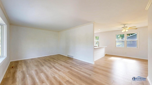 1510 Hillside Ln, Mchenry, IL 60051 - unfurnished room featuring light wood-style floors, ornamental molding, a ceiling fan, baseboards, and a sink