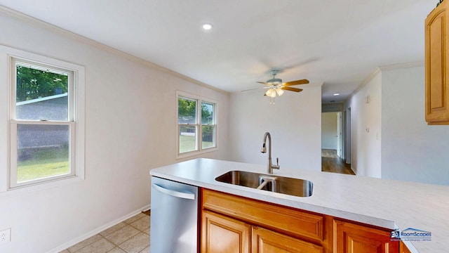 1510 Hillside Ln, Mchenry, IL 60051 - kitchen featuring dishwasher, a sink, light countertops, a ceiling fan, and crown molding