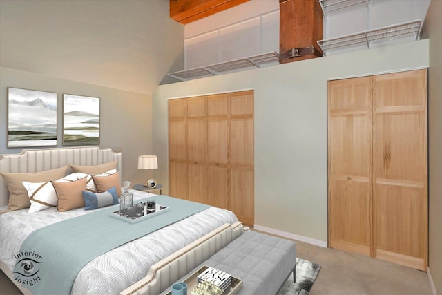 360 W Illinois St Unit 114, Chicago, IL 60654 - bedroom featuring multiple closets, light colored carpet, lofted ceiling, and baseboards
