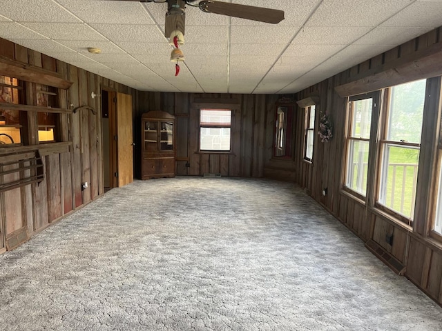204 Elm St, Morrison, IL 61270 - unfurnished living room with wooden walls, carpet flooring, and ceiling fan