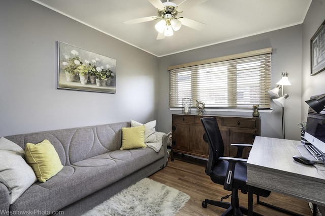 5036 Ozark Ave, Norridge, IL 60706 - office area featuring a ceiling fan, crown molding, and wood finished floors