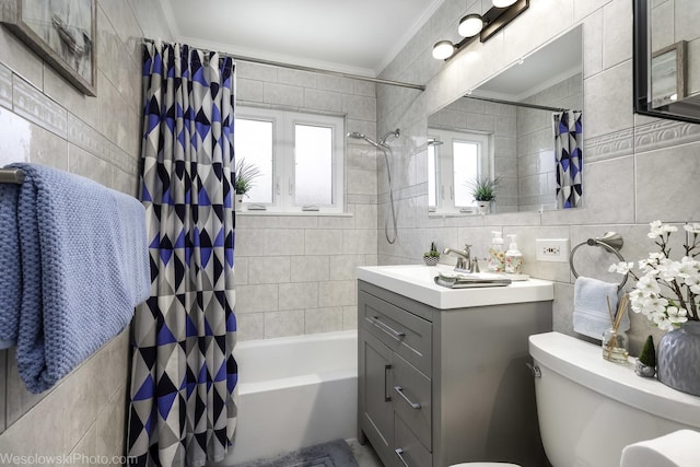 5036 Ozark Ave, Norridge, IL 60706 - full bathroom featuring tile walls, crown molding, toilet, shower / tub combo with curtain, and vanity